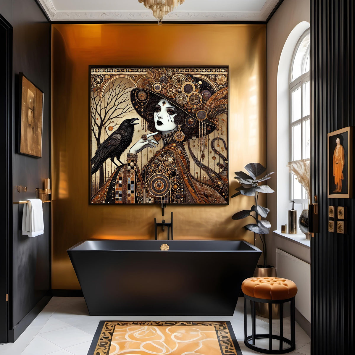 Gilded Raven Witch Klimt inspired gothic woman raven art digital art oil painting vintage home decor dark fantasy wall art