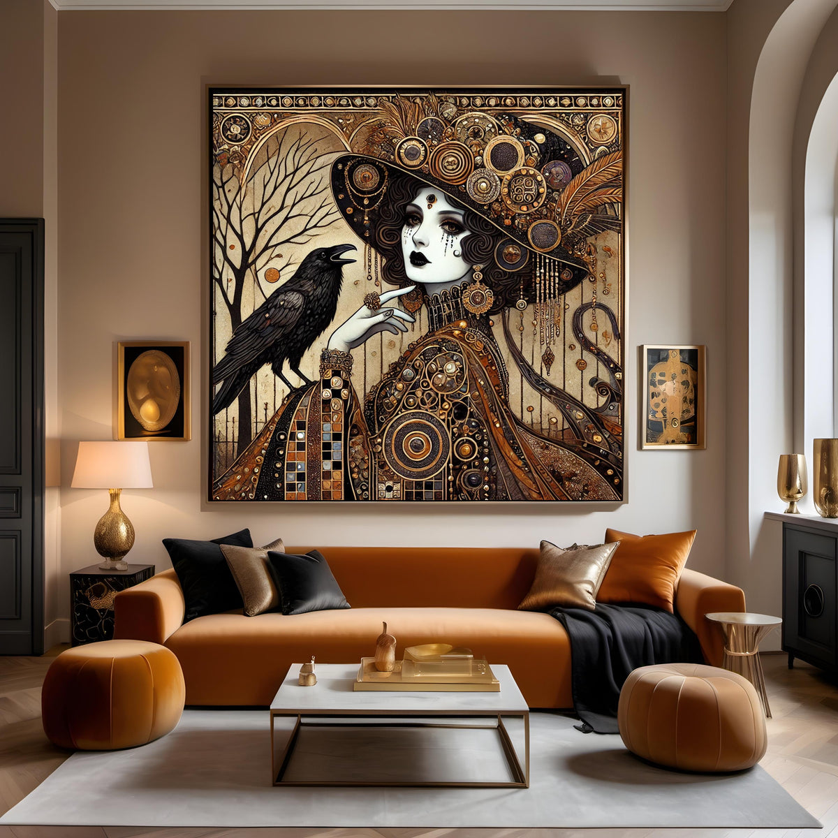 Gilded Raven Witch Klimt inspired gothic woman raven art digital art oil painting vintage home decor dark fantasy wall art