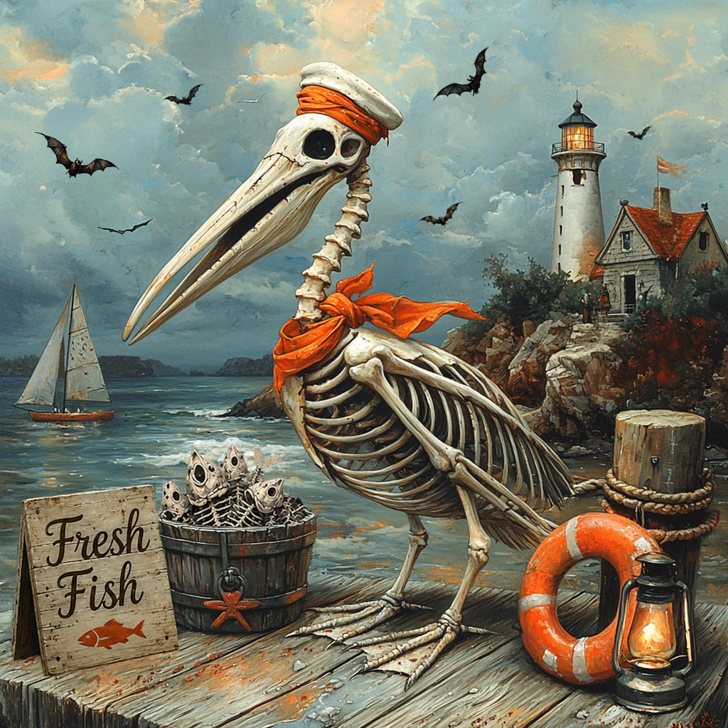 Whimsical Skeleton Pelican Fish Stand Coastal Halloween Beach Cottage Art Digital Download