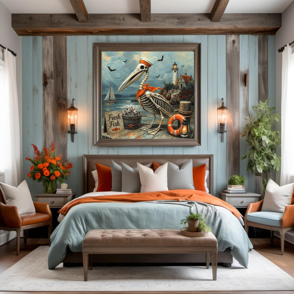 Whimsical Skeleton Pelican Fish Stand Coastal Halloween Beach Cottage Art Digital Download