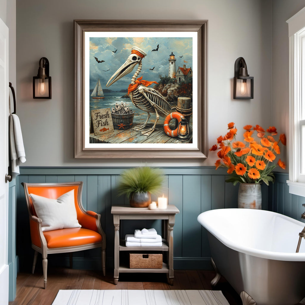 Whimsical Skeleton Pelican Fish Stand Coastal Halloween Beach Cottage Art Digital Download