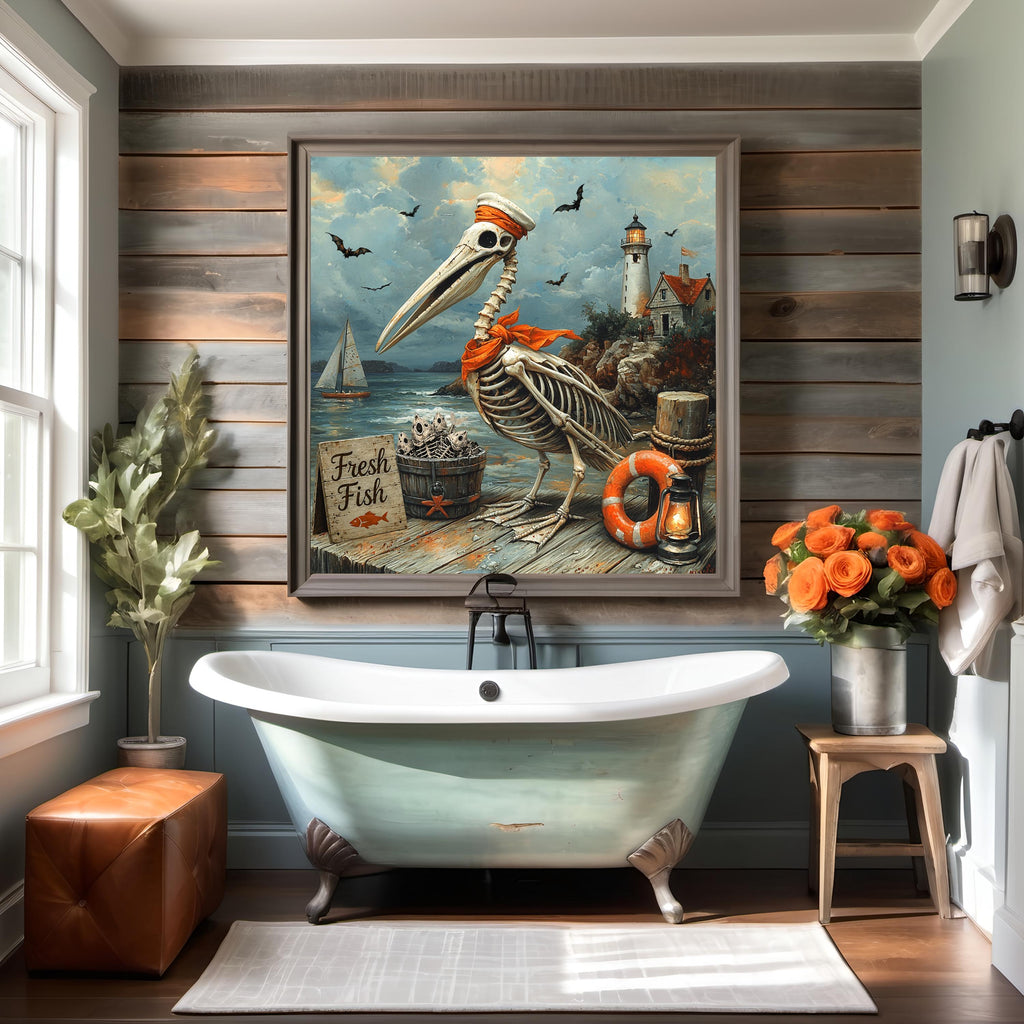 Whimsical Skeleton Pelican Fish Stand Coastal Halloween Beach Cottage Art Digital Download