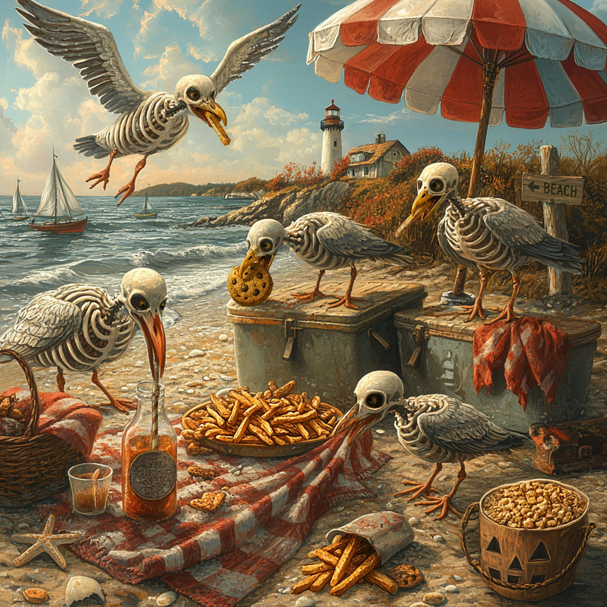 Skeleton Seagull Beach Picnic Whimsical Coastal Halloween Wall Art Vintage Digital Download