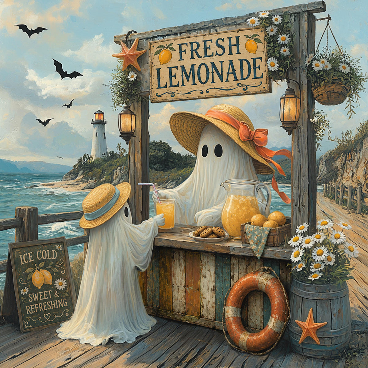 Coral the Ghost Lemonade Stand Whimsical Coastal Beach Cottage Summer Art Digital Download