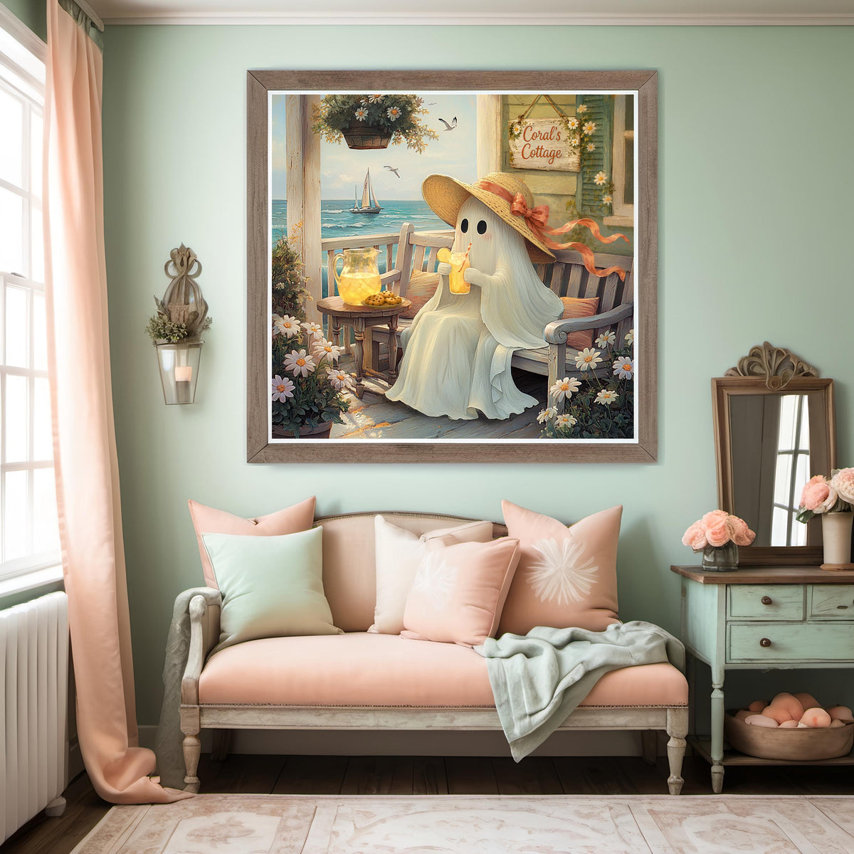 Coral the Ghost Relaxing at Her Beach Cottage with Lemonade Coastal Cottage Art (Digital Download)