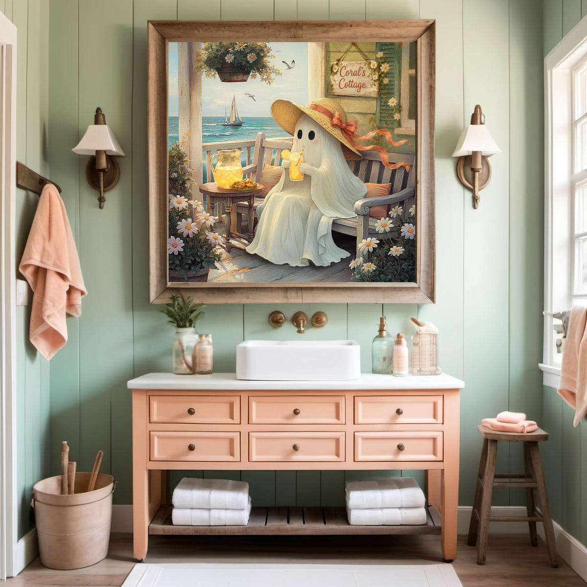 Coral the Ghost Relaxing at Her Beach Cottage with Lemonade Coastal Cottage Art (Digital Download)