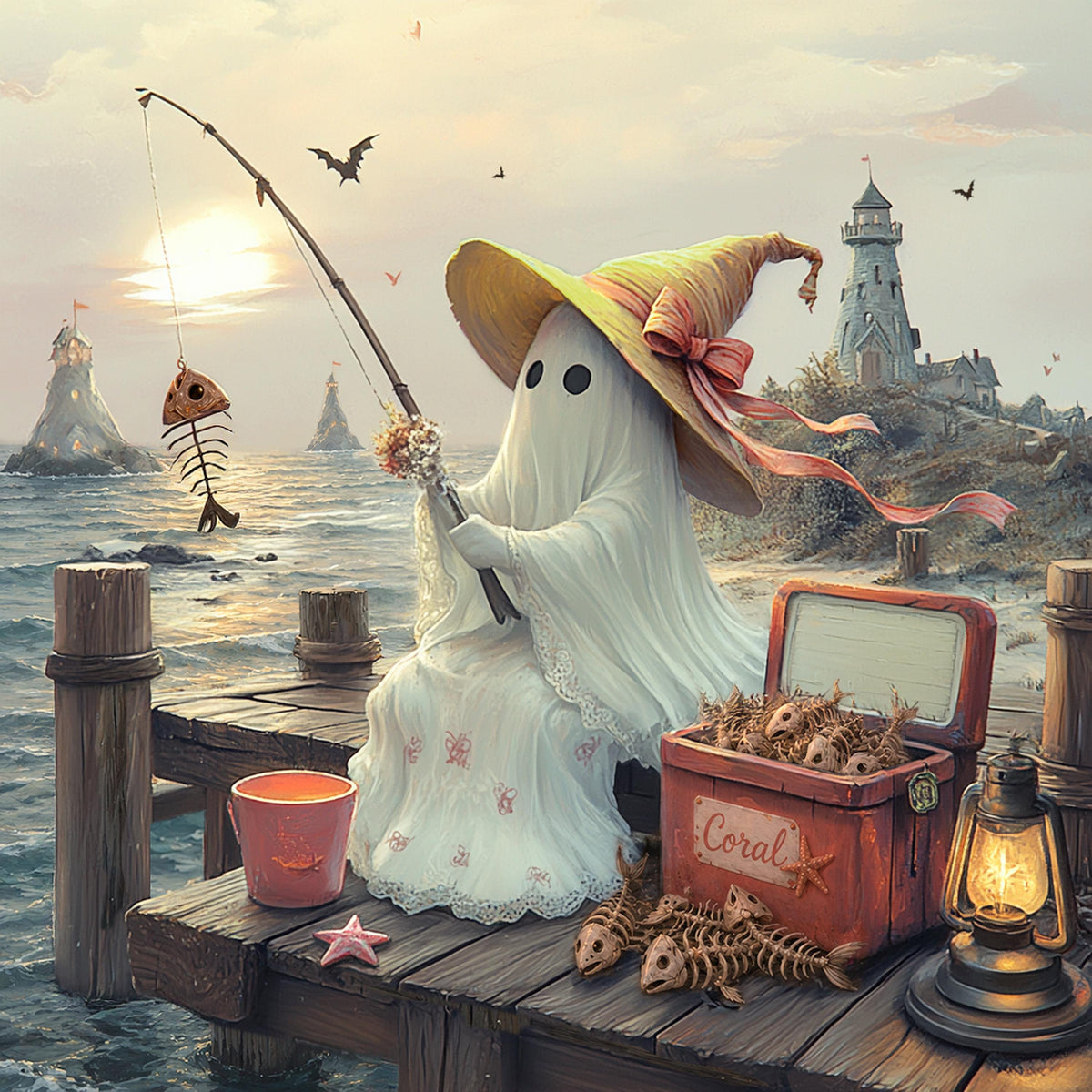 Coral the Ghost Fishing on a Coastal Pier Whimsical Beach Cottage Art Digital Download