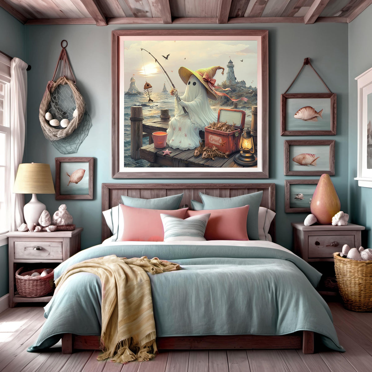 Coral the Ghost Fishing on a Coastal Pier Whimsical Beach Cottage Art Digital Download
