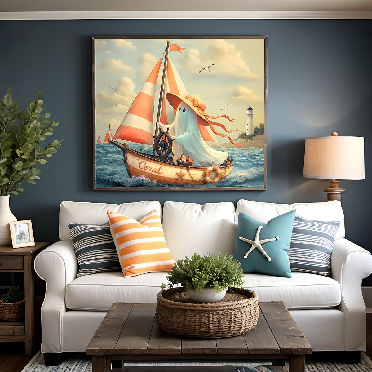 Coral the Ghost Sailing a Vintage Coastal Sailboat Whimsical Beach Cottage Art Digital Download