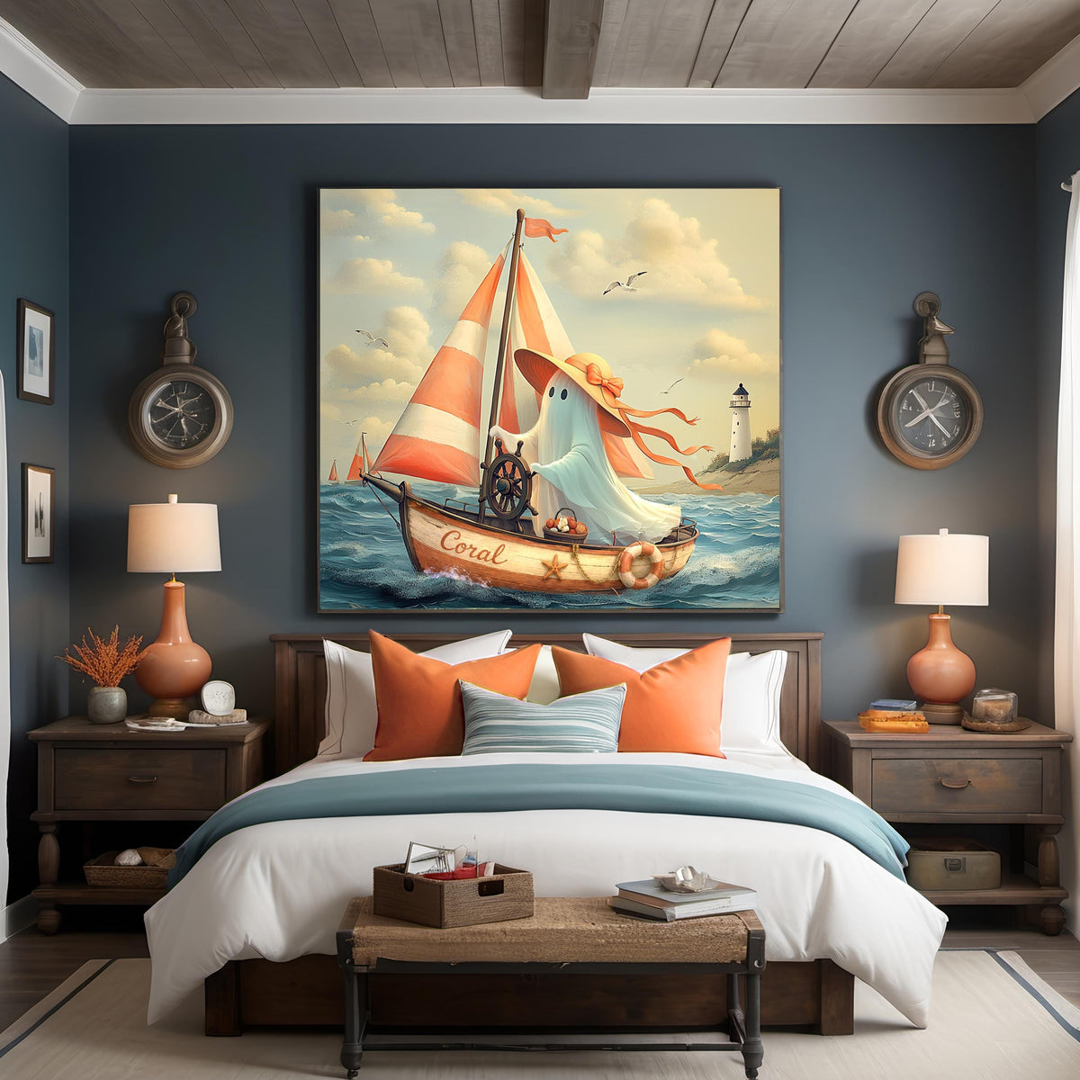 Coral the Ghost Sailing a Vintage Coastal Sailboat Whimsical Beach Cottage Art Digital Download