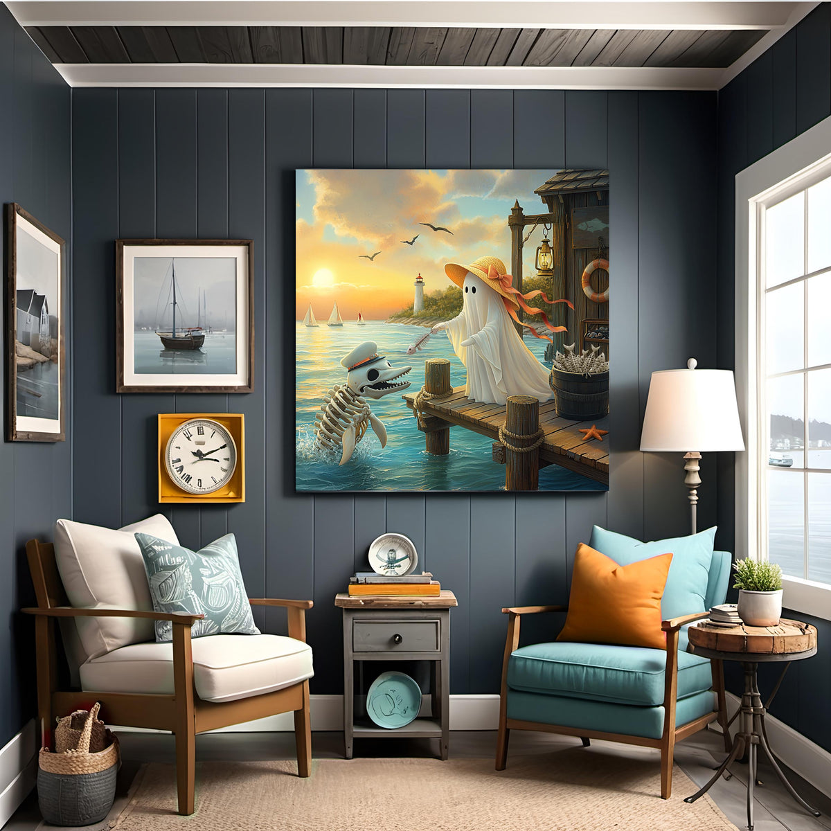 Coral the Ghost Feeding a Skeleton Dolphin Whimsical Coastal Beach Cottage Art Digital Download