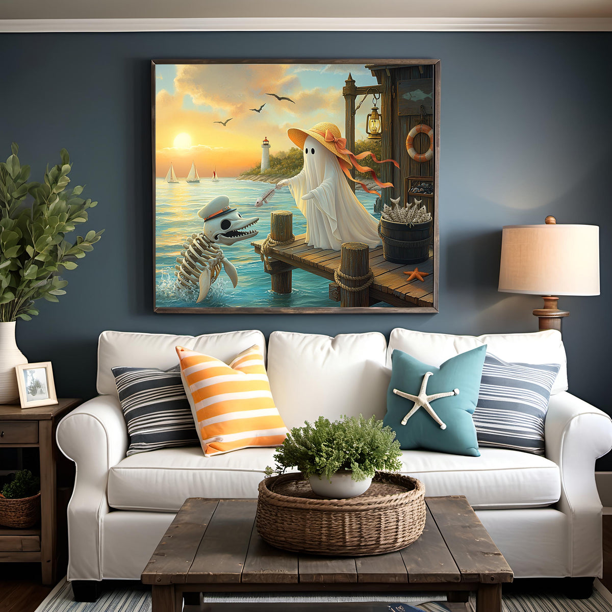 Coral the Ghost Feeding a Skeleton Dolphin Whimsical Coastal Beach Cottage Art Digital Download
