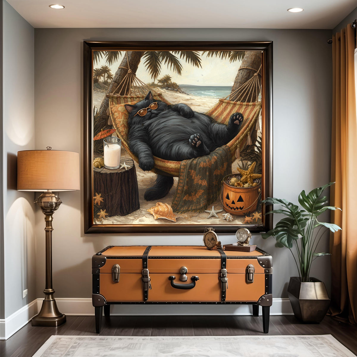 Lazy Black Cat Relaxing in a Beach Hammock Funny Coastal Summer Wall Art Digital Download