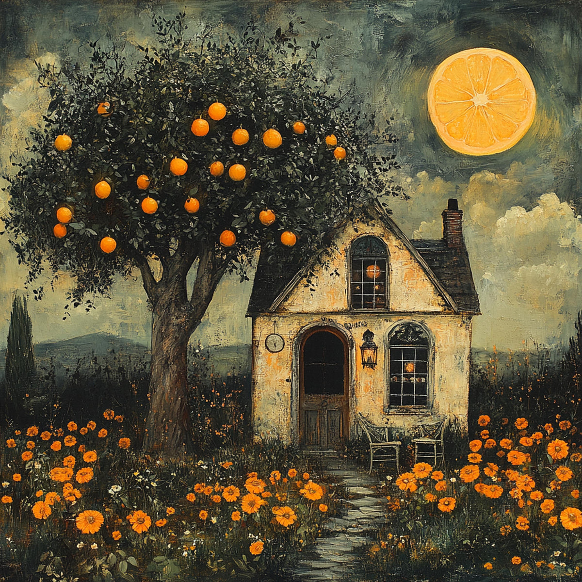 The Orange Moon Cottage Vintage Gothic Lemon Orchard Cottage Whimsical Cottagecore Wall Art Digital Download
