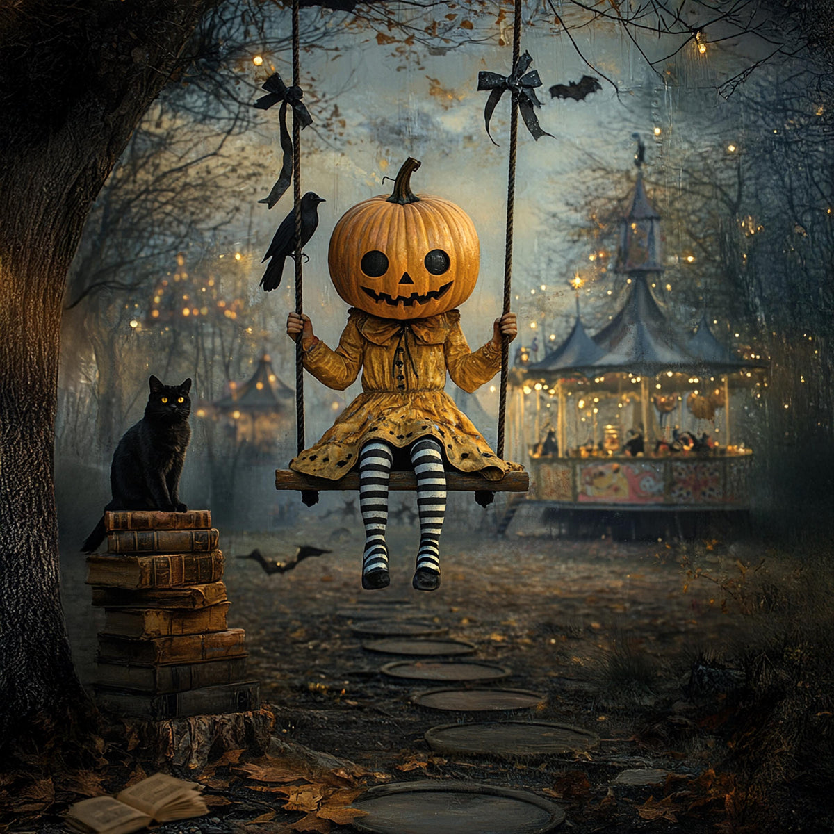 Pumpkin Girl Halloween Art Whimsical Gothic Carnival Witchy Wall Decor (Digital Download)