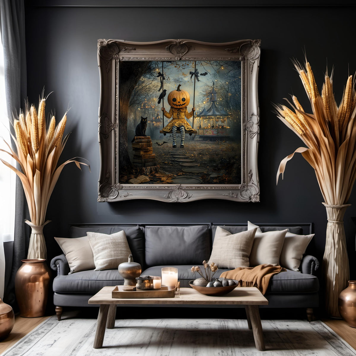 Pumpkin Girl Halloween Art Whimsical Gothic Carnival Witchy Wall Decor (Digital Download)