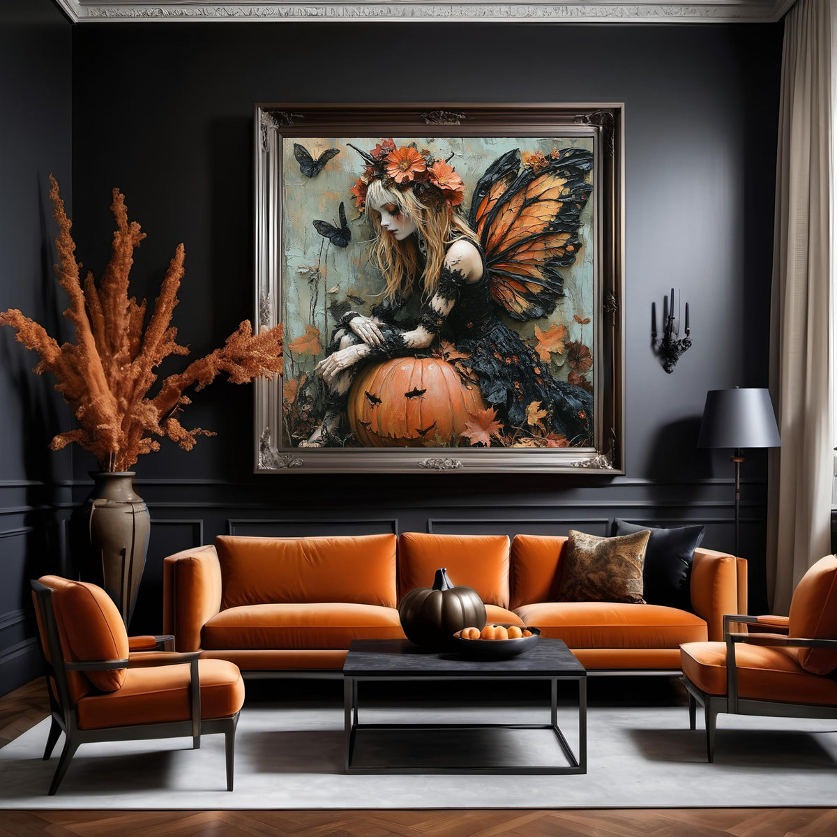 Autumn Monarch Fairy Wall Art Gothic Fairy Pumpkin Fall Fantasy Decor Cottage Halloween Digital Download