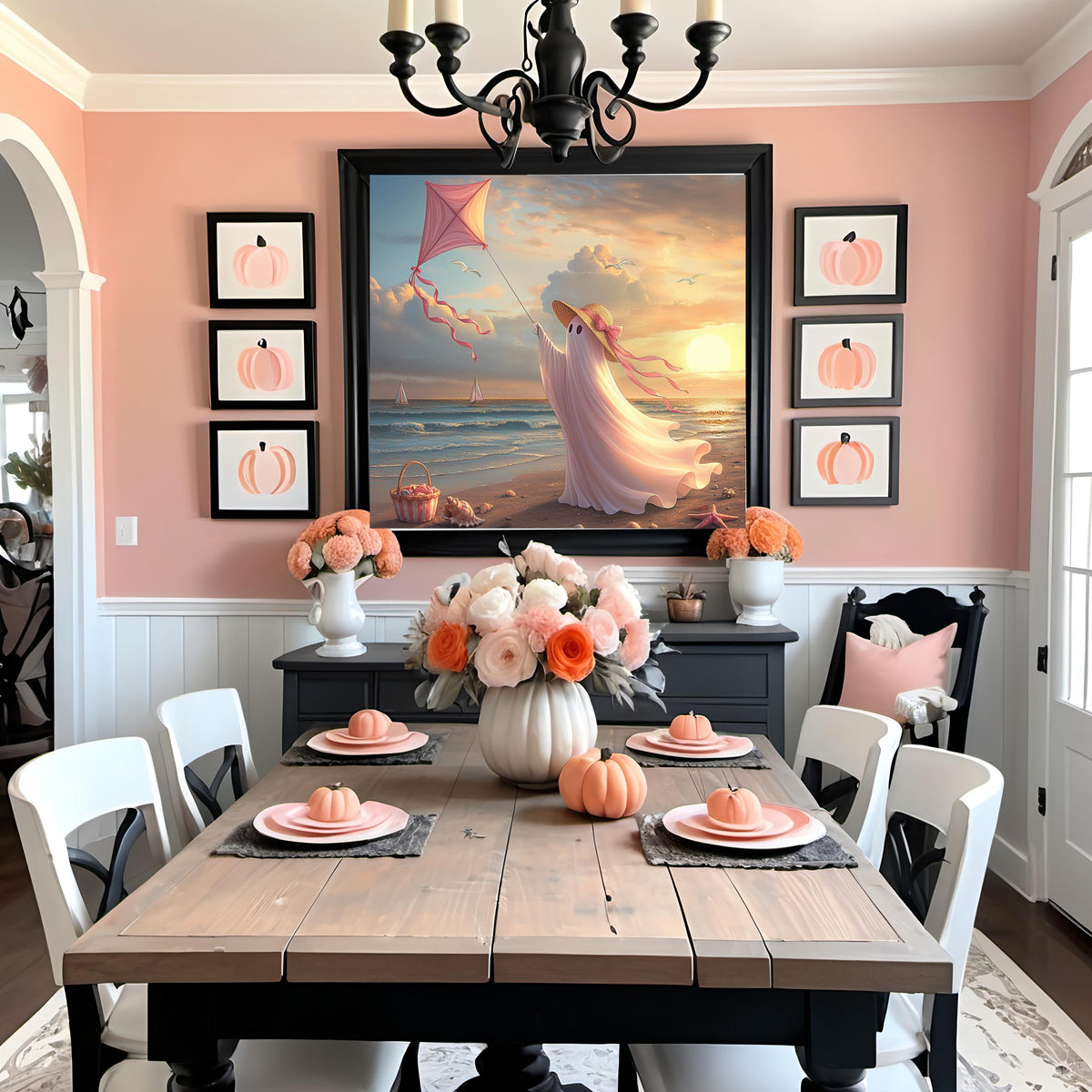 Coral the Ghost Flying a Kite at Sunset Beach Whimsical Coastal Cottage Art (Digital Download)