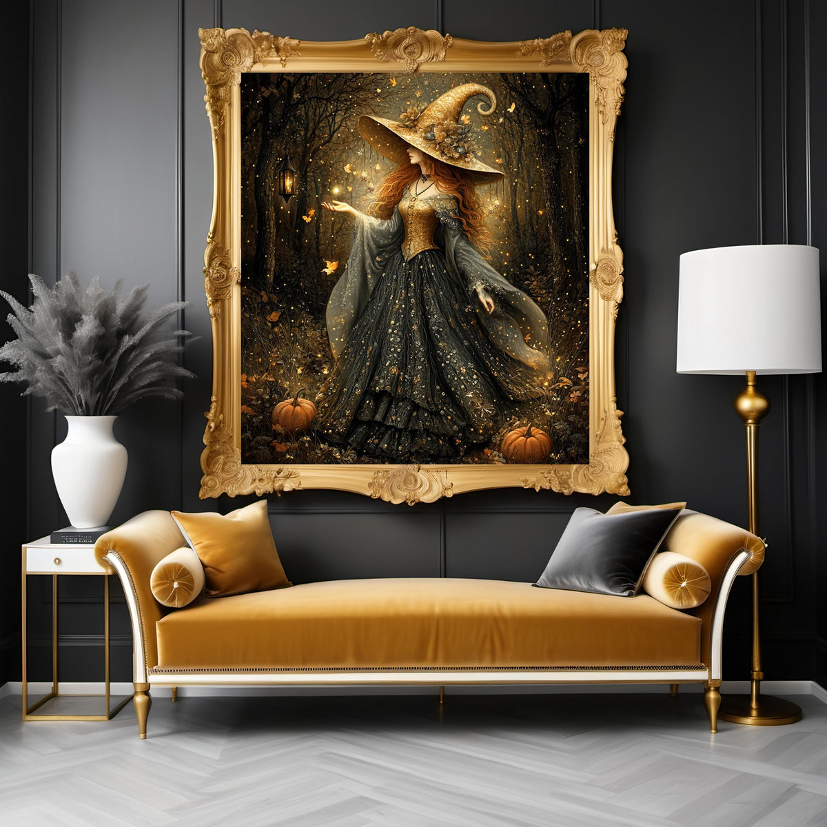 Golden Autumn Witch Art Gothic Halloween Witch Fantasy Wall Decor (Digital Download)