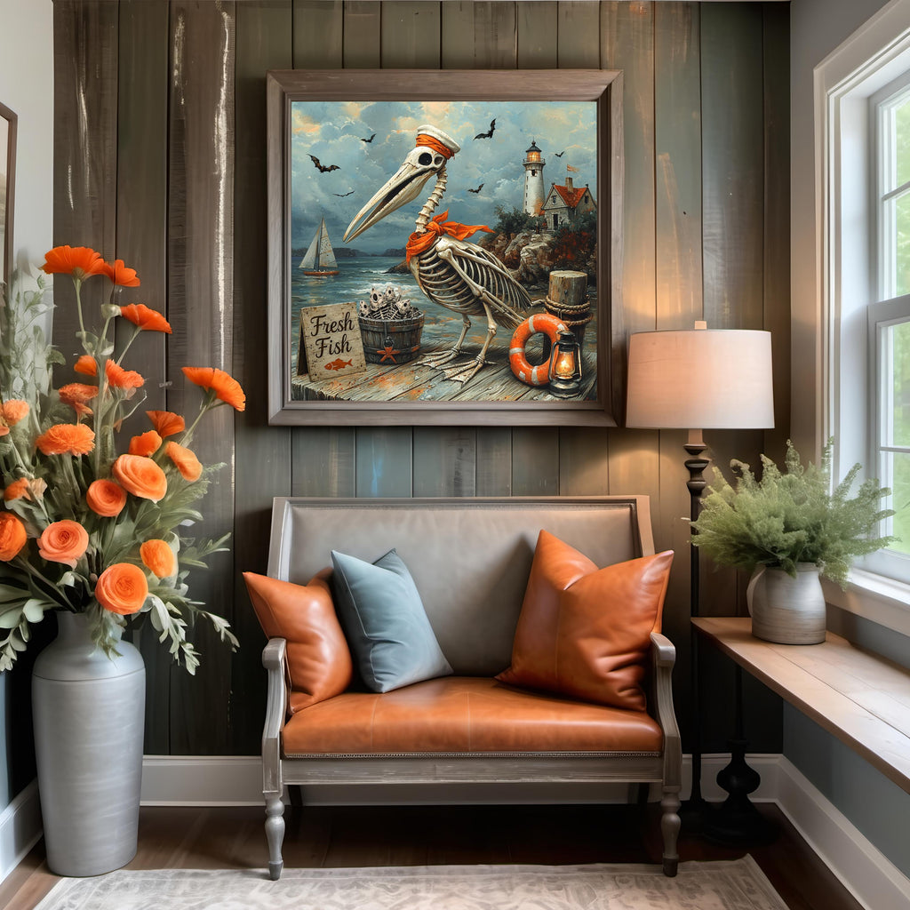 Whimsical Skeleton Pelican Fish Stand Coastal Halloween Beach Cottage Art Digital Download