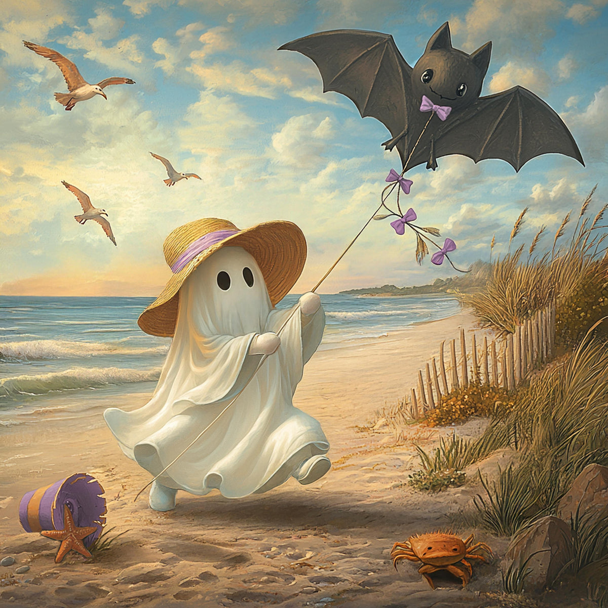 Little Ghost Flying a Bat Kite on the Beach Whimsical Coastal Halloween Art Digital Download