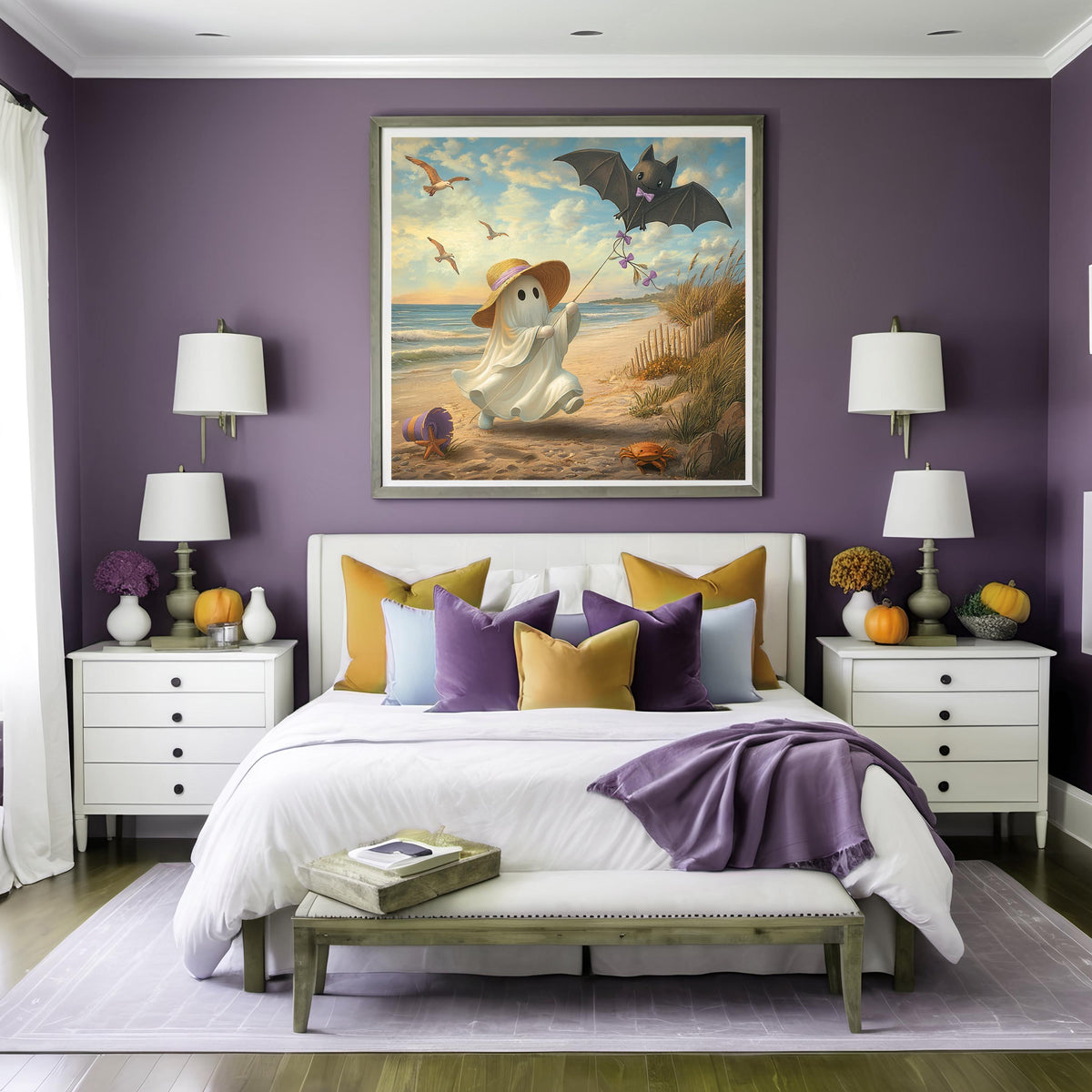Little Ghost Flying a Bat Kite on the Beach Whimsical Coastal Halloween Art Digital Download