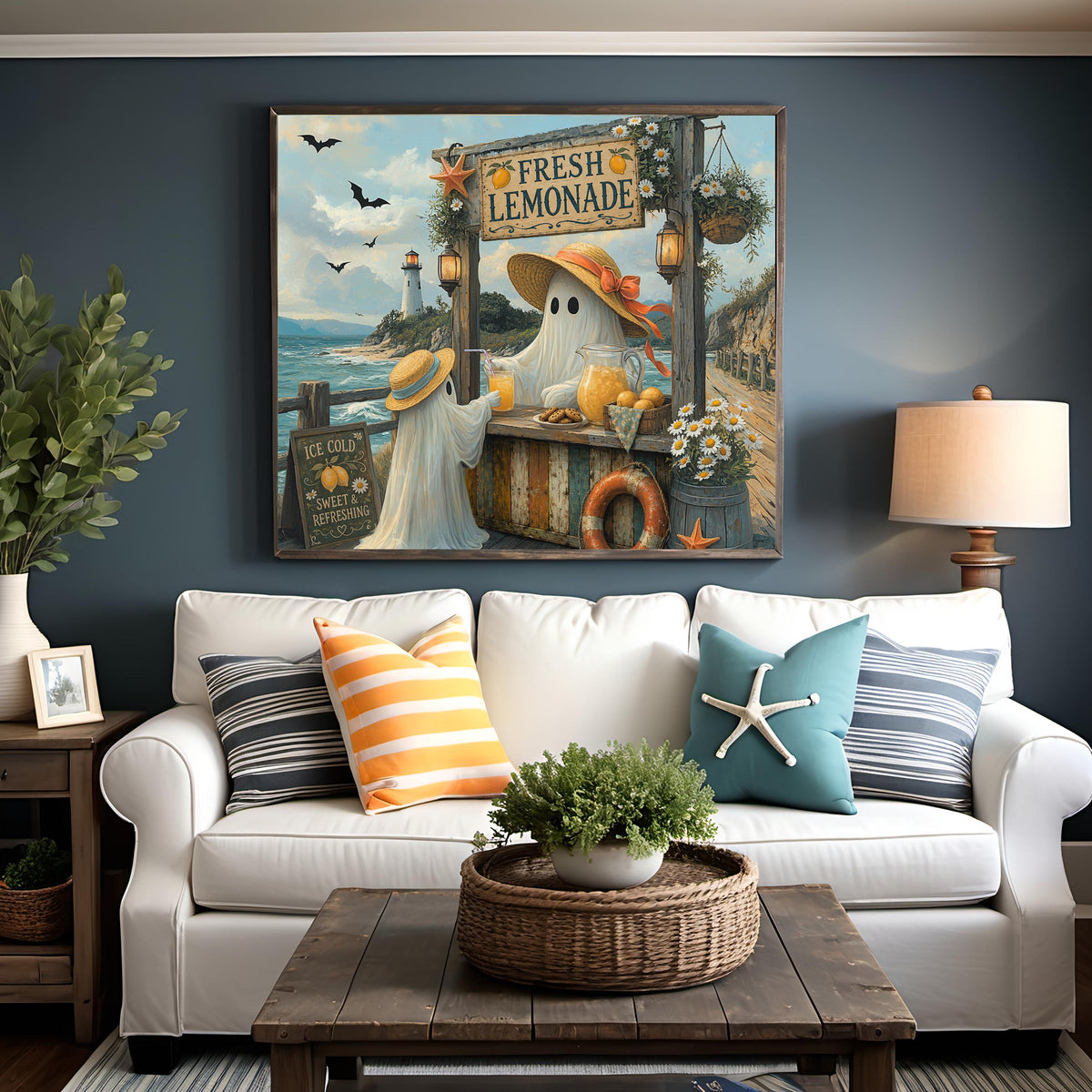 Coral the Ghost Lemonade Stand Whimsical Coastal Beach Cottage Summer Art Digital Download