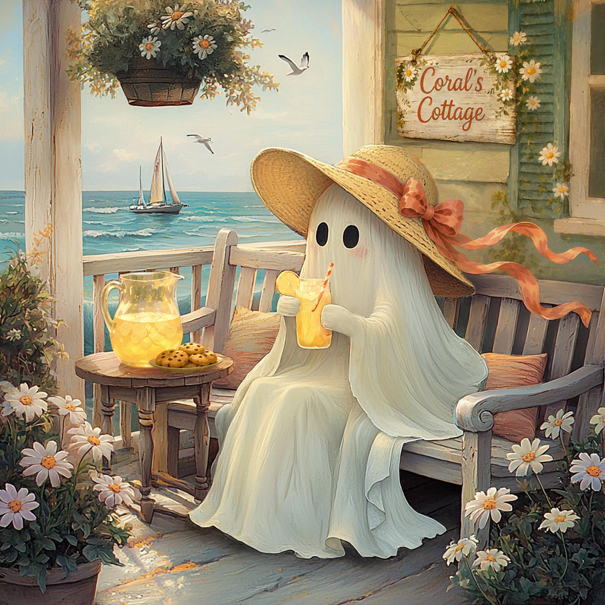 Coral the Ghost Relaxing at Her Beach Cottage with Lemonade Coastal Cottage Art (Digital Download)