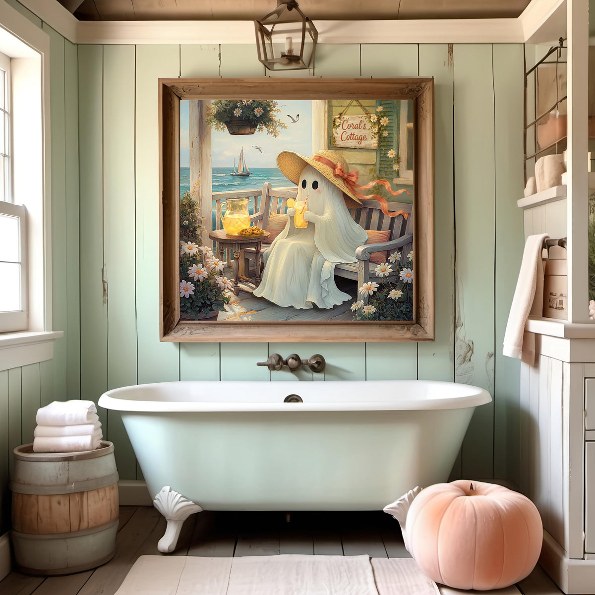 Coral the Ghost Relaxing at Her Beach Cottage with Lemonade Coastal Cottage Art (Digital Download)