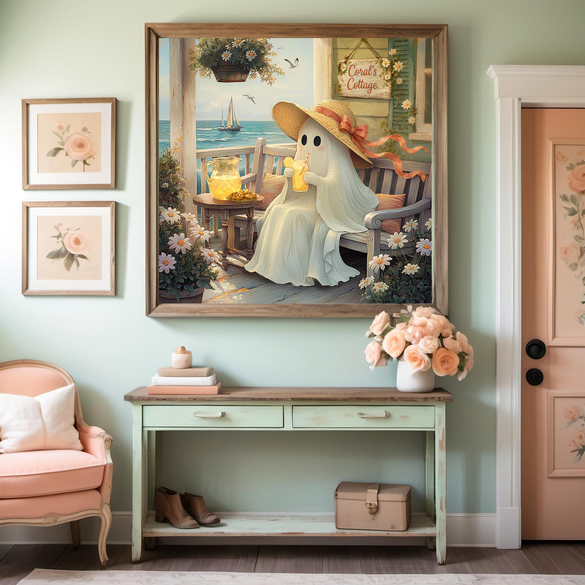 Coral the Ghost Relaxing at Her Beach Cottage with Lemonade Coastal Cottage Art (Digital Download)