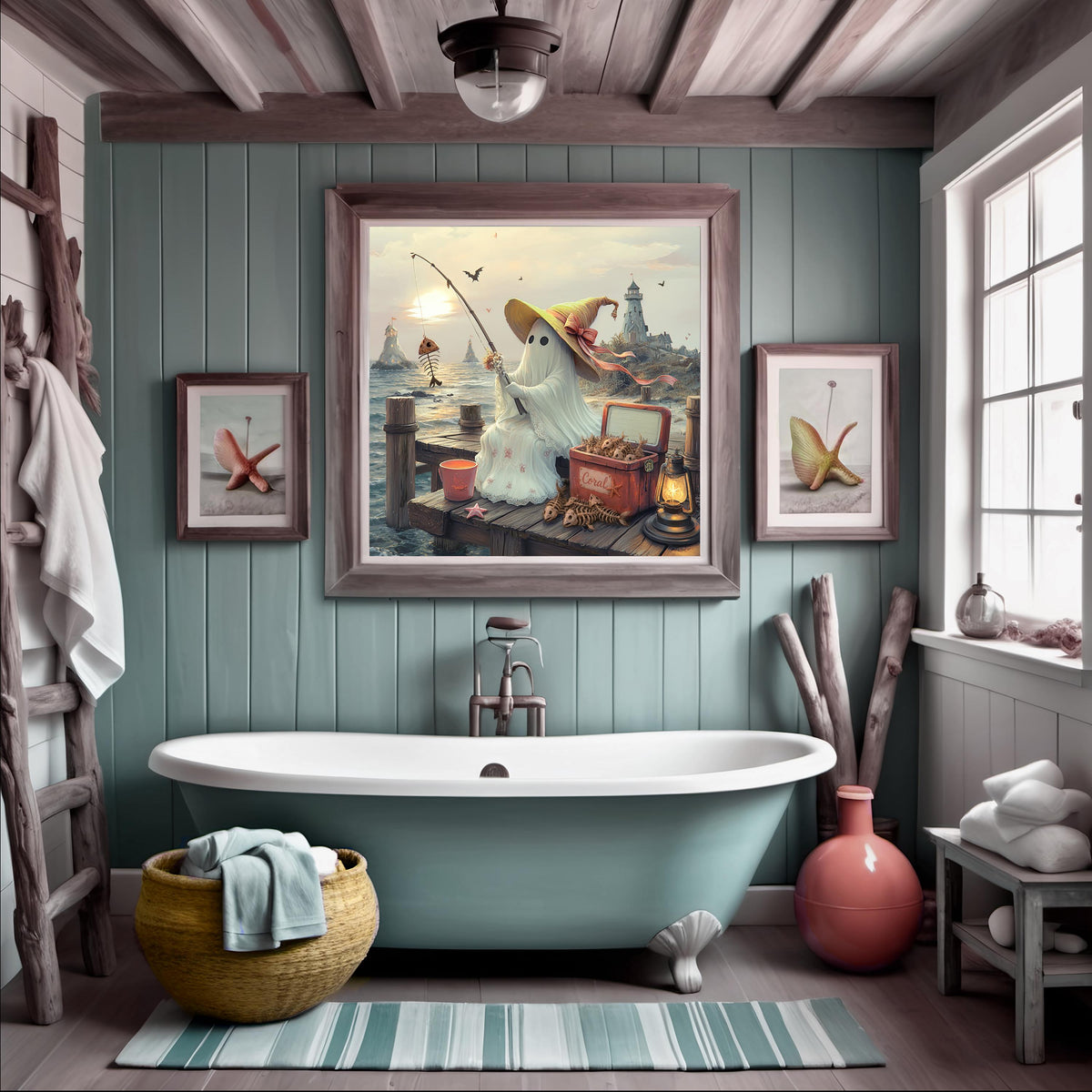 Coral the Ghost Fishing on a Coastal Pier Whimsical Beach Cottage Art Digital Download