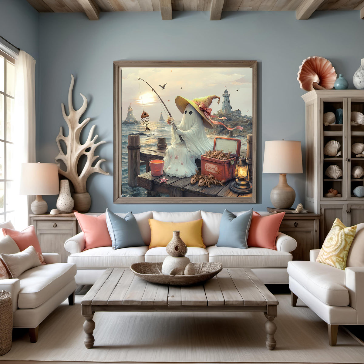 Coral the Ghost Fishing on a Coastal Pier Whimsical Beach Cottage Art Digital Download