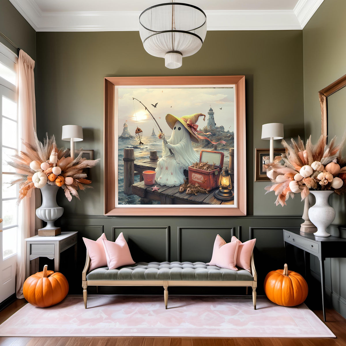 Coral the Ghost Fishing on a Coastal Pier Whimsical Beach Cottage Art Digital Download