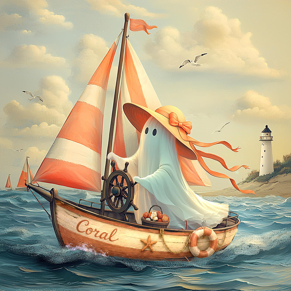 Coral the Ghost Sailing a Vintage Coastal Sailboat Whimsical Beach Cottage Art Digital Download