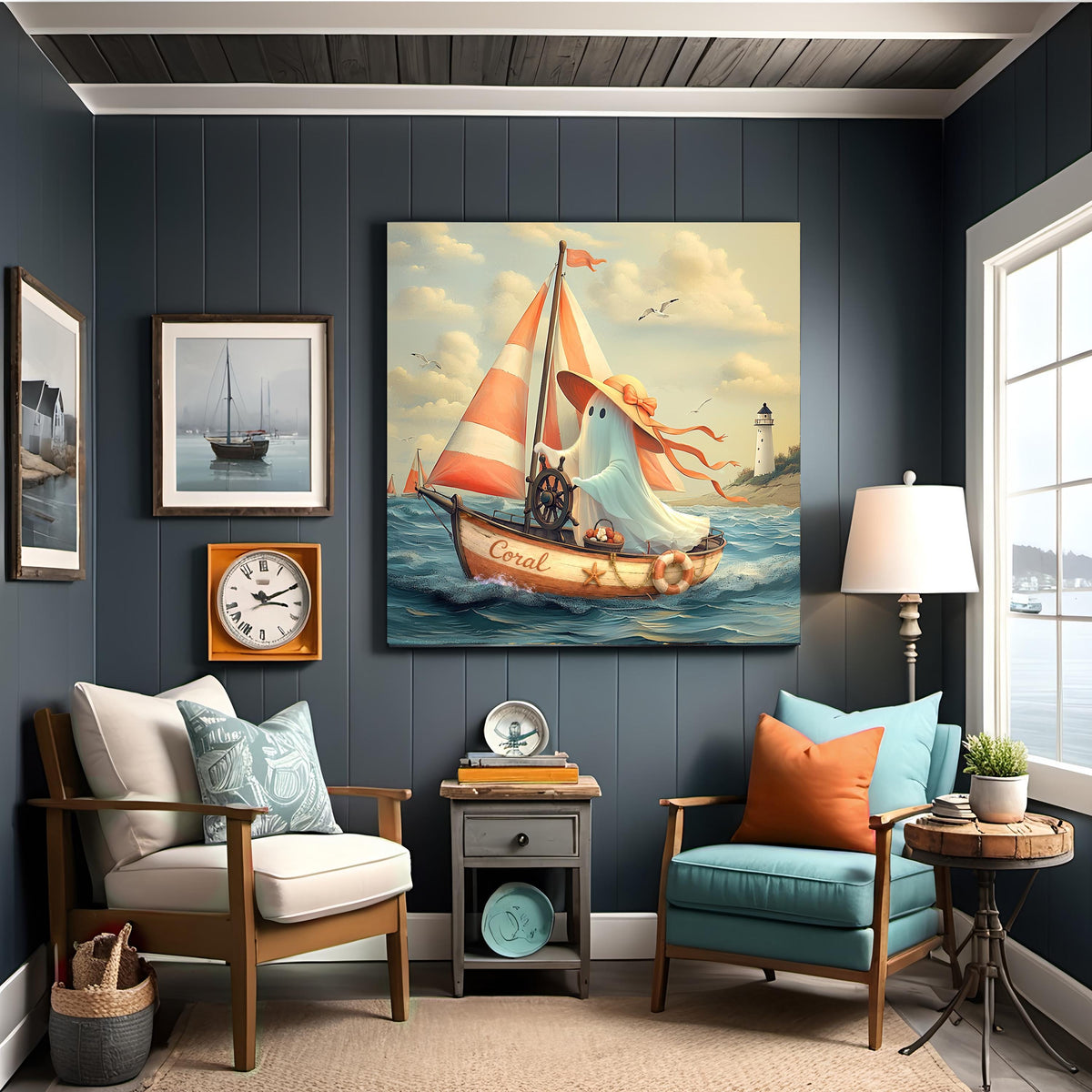 Coral the Ghost Sailing a Vintage Coastal Sailboat Whimsical Beach Cottage Art Digital Download