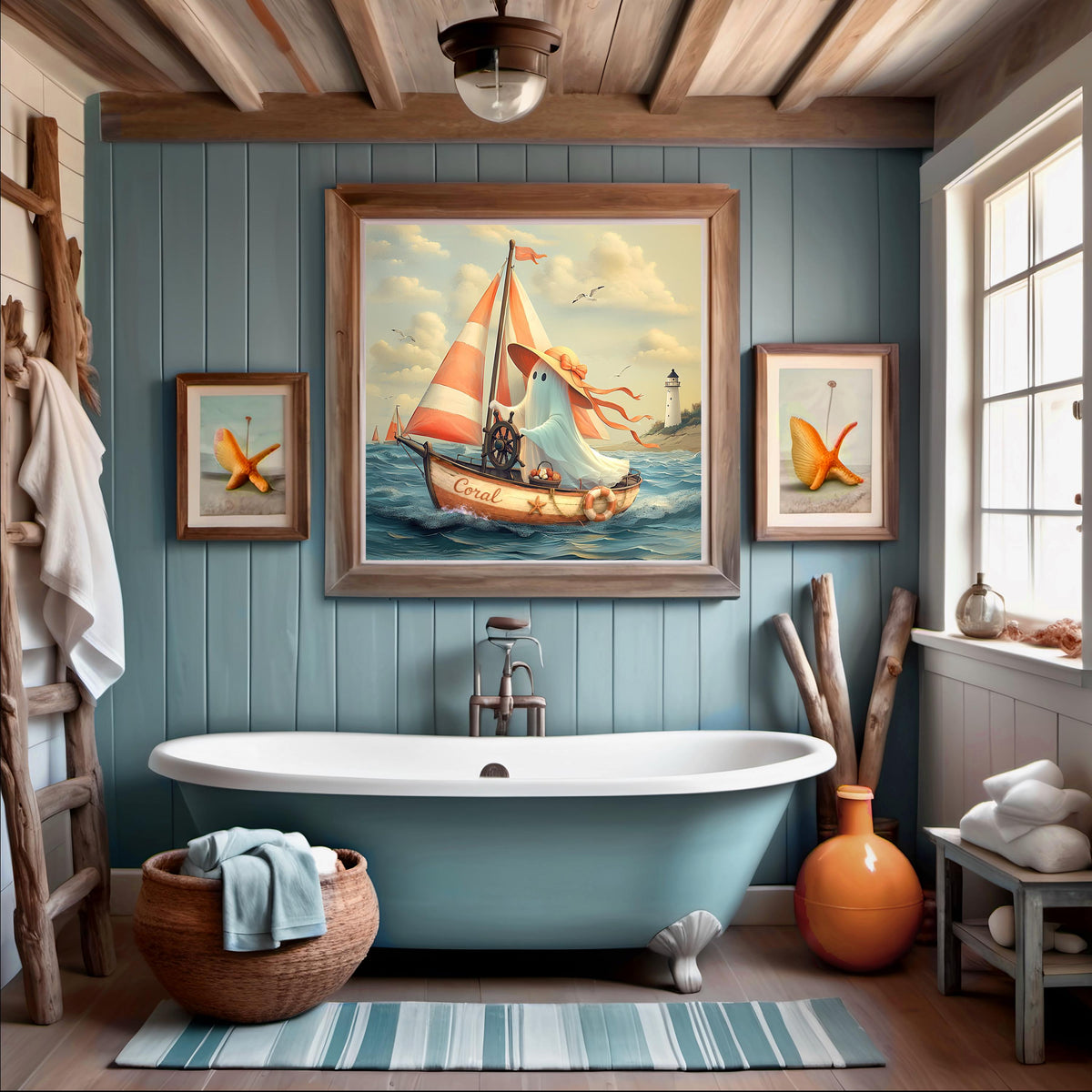 Coral the Ghost Sailing a Vintage Coastal Sailboat Whimsical Beach Cottage Art Digital Download