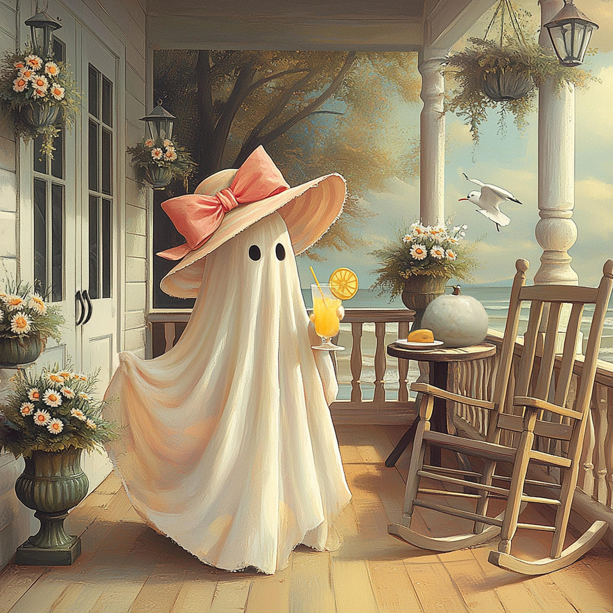 Coral the Ghost Enjoying Lemonade on a Coastal Cottage Porch Vintage Beach Halloween Art (Digital Download)