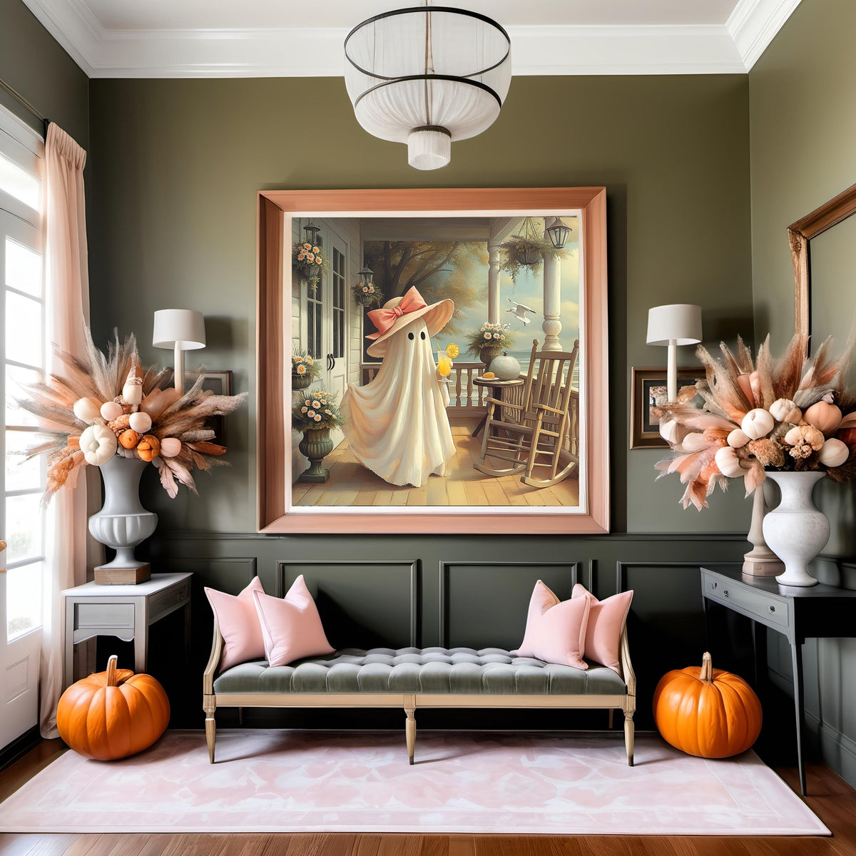 Coral the Ghost Enjoying Lemonade on a Coastal Cottage Porch Vintage Beach Halloween Art (Digital Download)