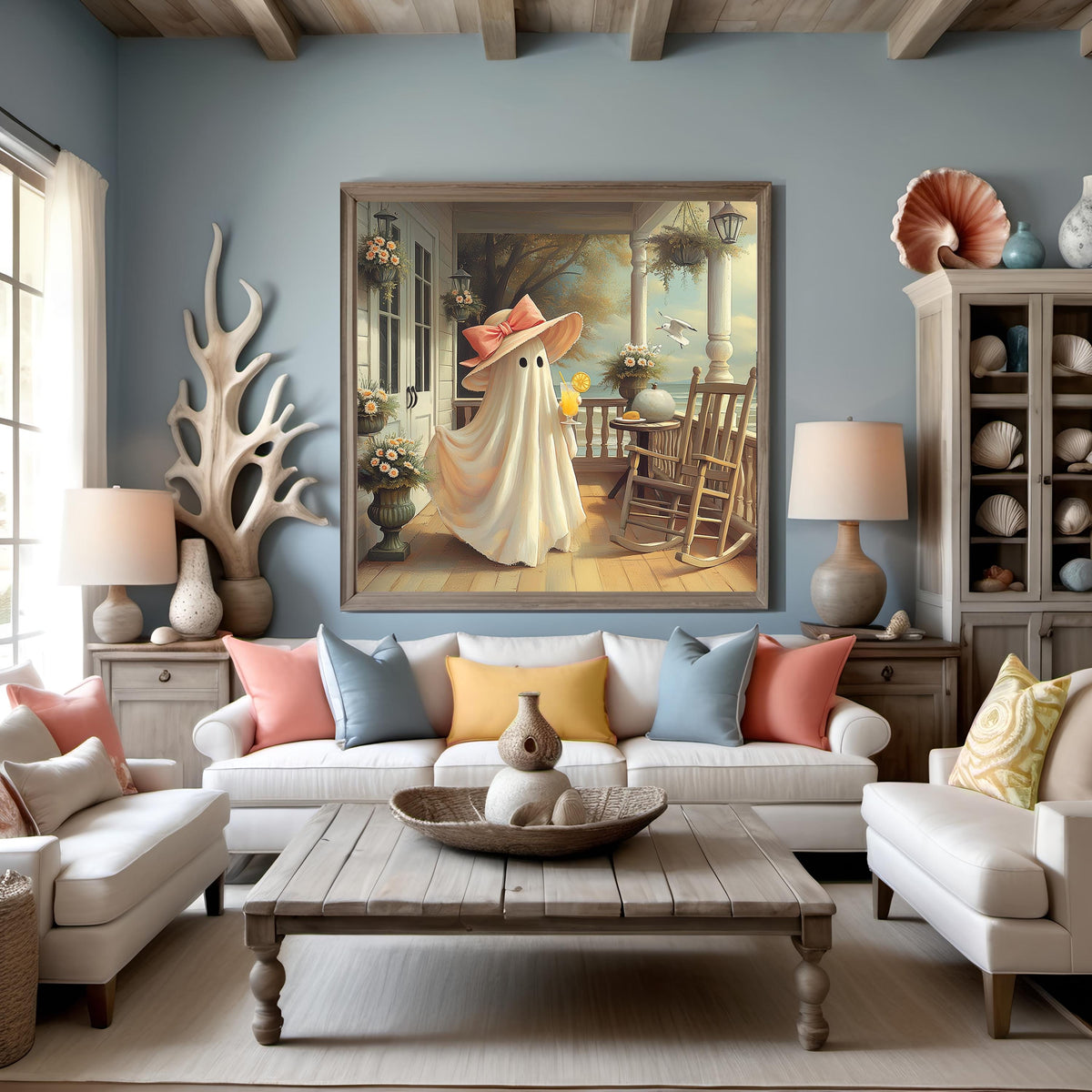 Coral the Ghost Enjoying Lemonade on a Coastal Cottage Porch Vintage Beach Halloween Art (Digital Download)