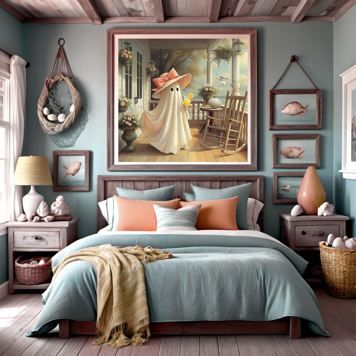 Coral the Ghost Enjoying Lemonade on a Coastal Cottage Porch Vintage Beach Halloween Art (Digital Download)