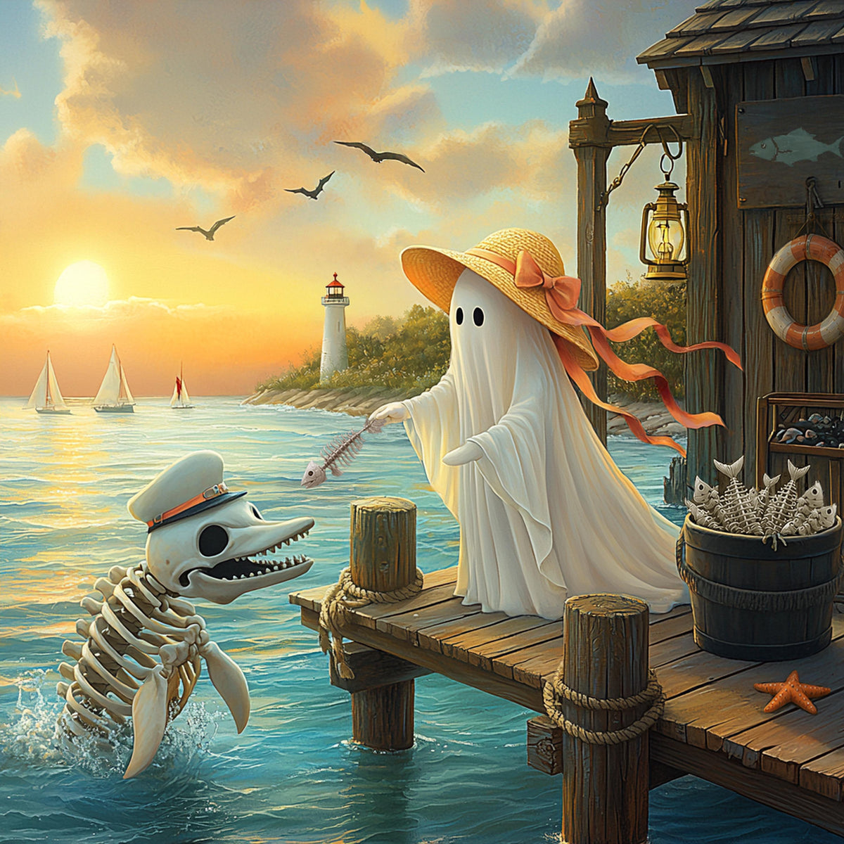 Coral the Ghost Feeding a Skeleton Dolphin Whimsical Coastal Beach Cottage Art Digital Download
