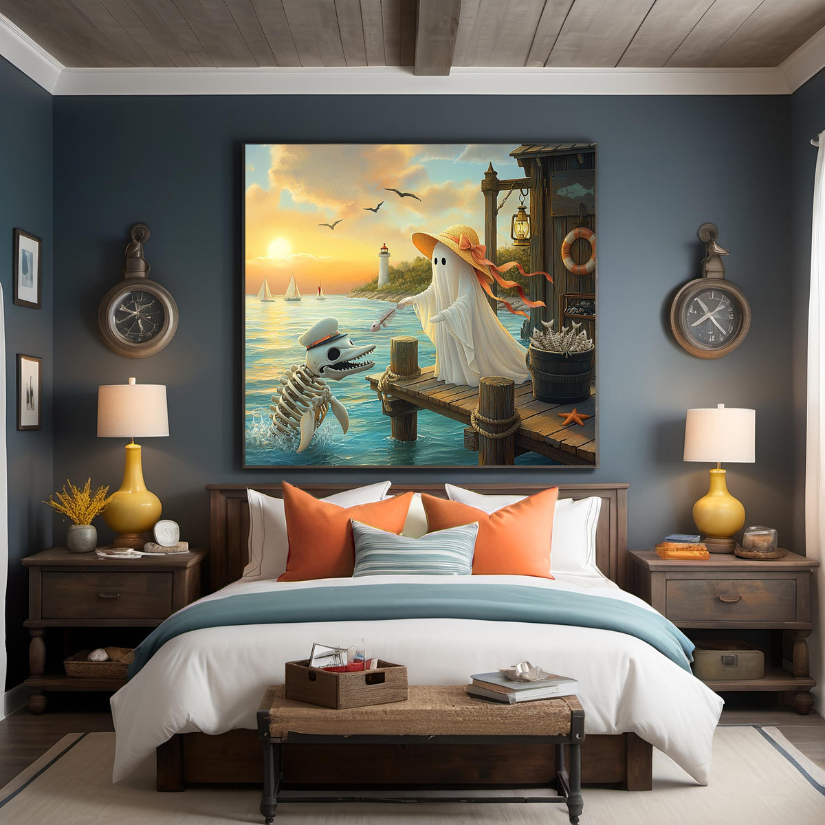 Coral the Ghost Feeding a Skeleton Dolphin Whimsical Coastal Beach Cottage Art Digital Download