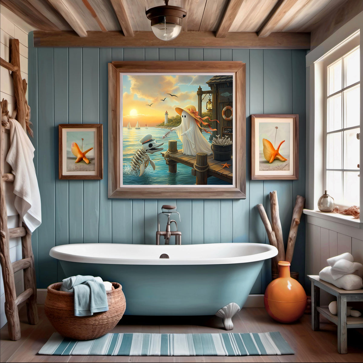 Coral the Ghost Feeding a Skeleton Dolphin Whimsical Coastal Beach Cottage Art Digital Download