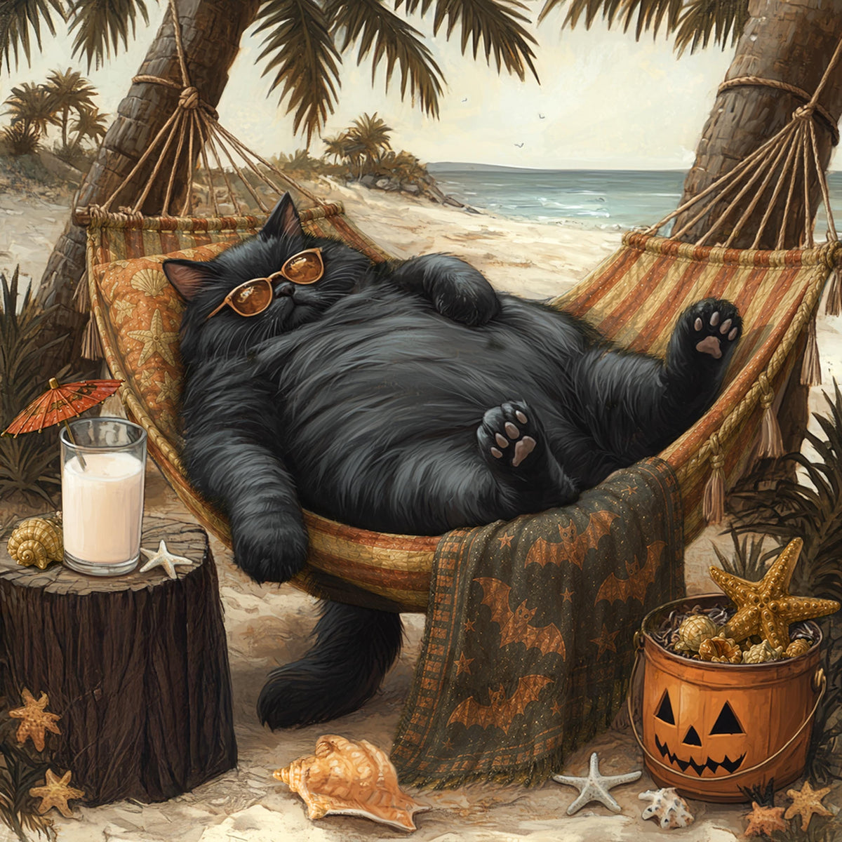 Lazy Black Cat Relaxing in a Beach Hammock Funny Coastal Summer Wall Art Digital Download
