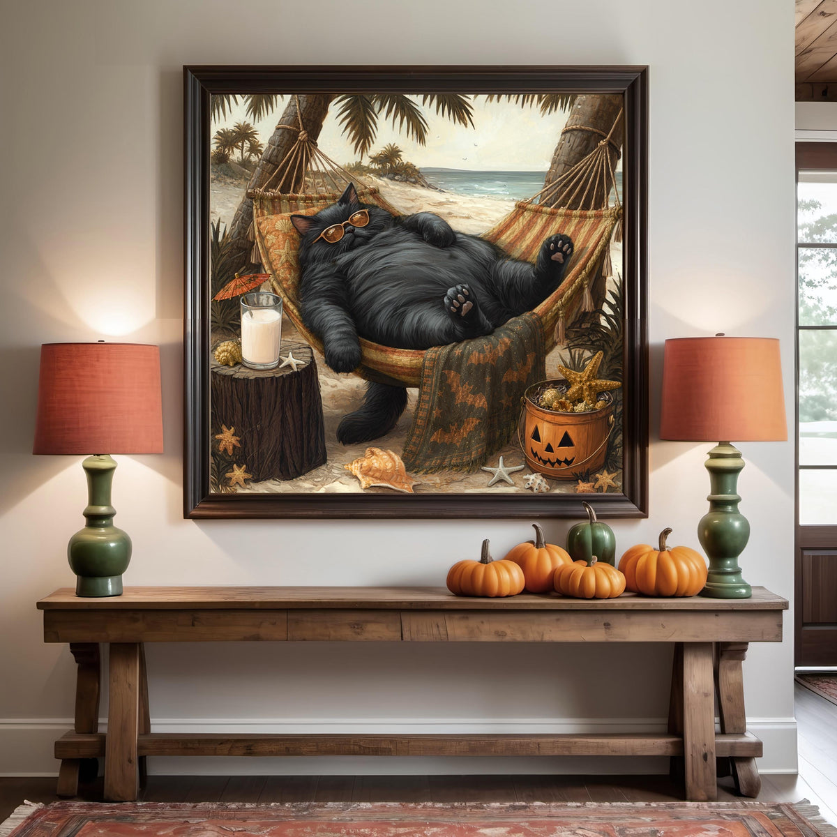 Lazy Black Cat Relaxing in a Beach Hammock Funny Coastal Summer Wall Art Digital Download