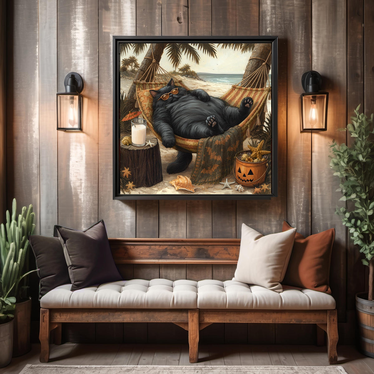 Lazy Black Cat Relaxing in a Beach Hammock Funny Coastal Summer Wall Art Digital Download