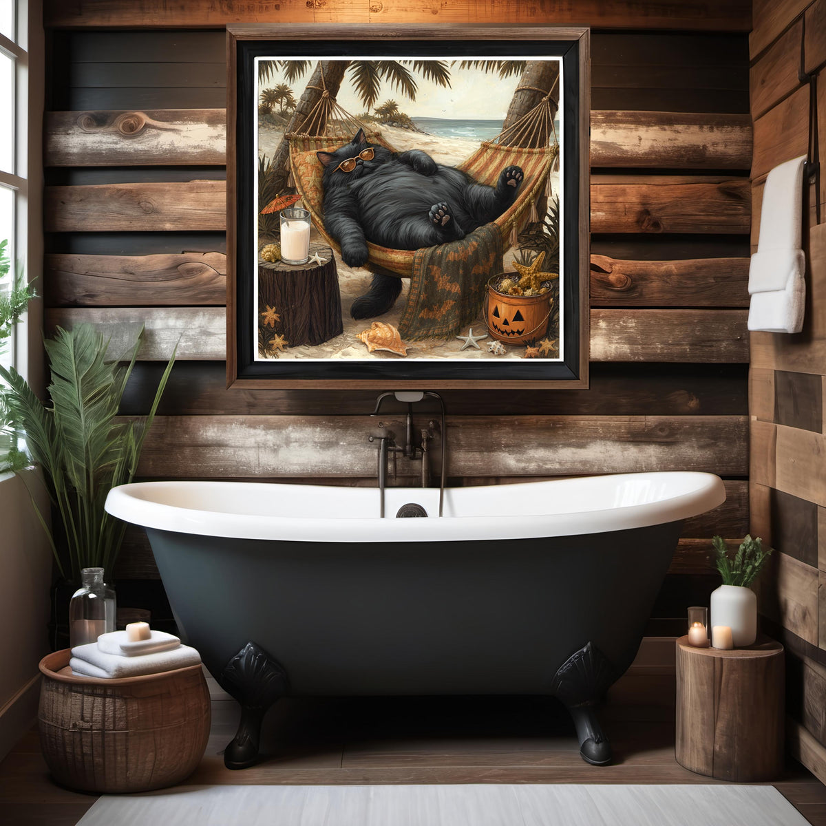 Lazy Black Cat Relaxing in a Beach Hammock Funny Coastal Summer Wall Art Digital Download