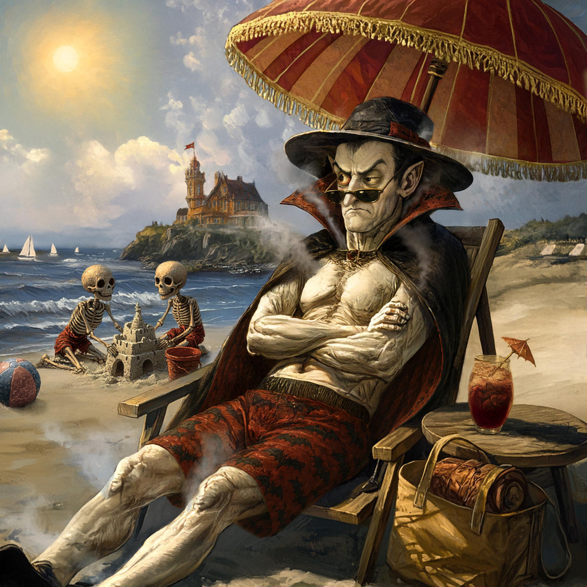 Grumpy Vampire at the Beach, Funny Gothic Summer Art, Victorian Coastal Halloween Decor, Beach Goth Print (Digital Download)