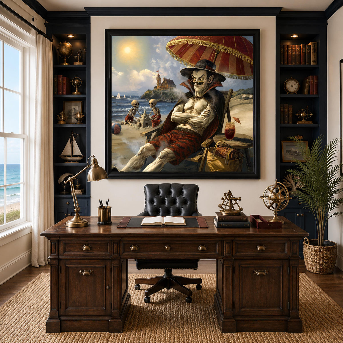 Grumpy Vampire at the Beach, Funny Gothic Summer Art, Victorian Coastal Halloween Decor, Beach Goth Print (Digital Download)