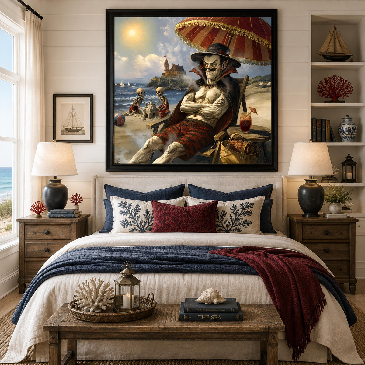 Grumpy Vampire at the Beach, Funny Gothic Summer Art, Victorian Coastal Halloween Decor, Beach Goth Print (Digital Download)
